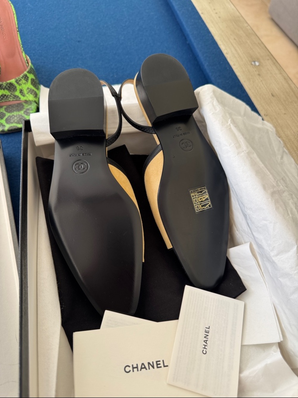 CHANEL Beige and Black Cap-Toe Slingback Mules - Picture 2 of 5
